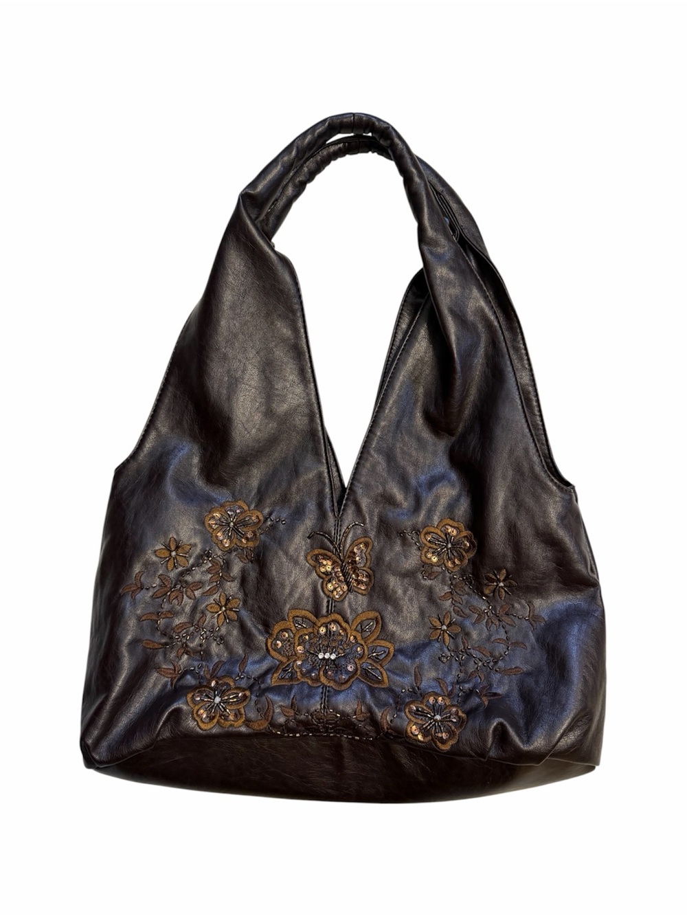 Y2K Brown Embroidered Floral Slouchy Bag